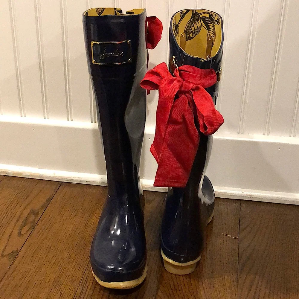 JOULES Navy Blue Tall Rain Boots with Red Bow and Toile Lining Size 9 - Picture 5 of 13